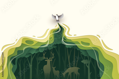 Flying bird in natural forest layered shape wavy background in paper cut style © coz1421