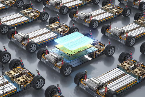 Group of electric cars with pack of battery cells module on platform