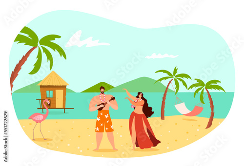 Romantic couple woman, man character in tradition hawaii dress play guitar music tropical country flat vector illustration, isolated on white.
