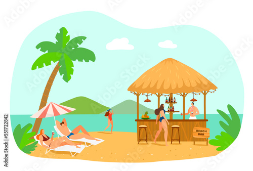 Young people character together relax in vacation tropical country, sand sea beach foreign holiday flat vector illustration, isolated on white.