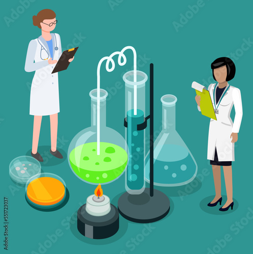 Women checking experiment process and results. Female character wearing white gown looking at tubes with substances being heat. Coworkers dealing with test in laboratory. Vector in isometric style