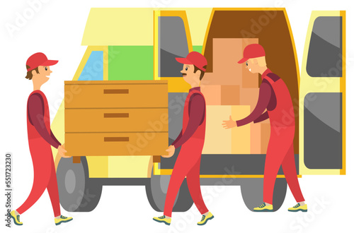 Loaders carrying wooden chest. People moving new house or flat. Men help with relocation. Car with estate in carton boxes for transportation vector