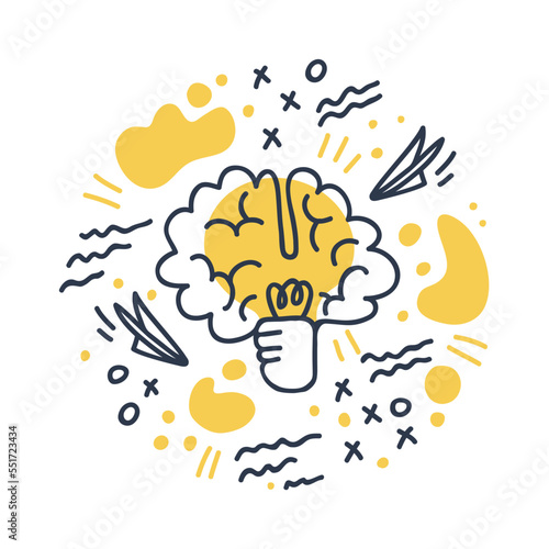 Symbol of mental development, intellect, logical thinking and generating ideas. Paper planes, illegible handwriting. Tic-tac-toe game. World day of logic. Illustration in cartoon style.