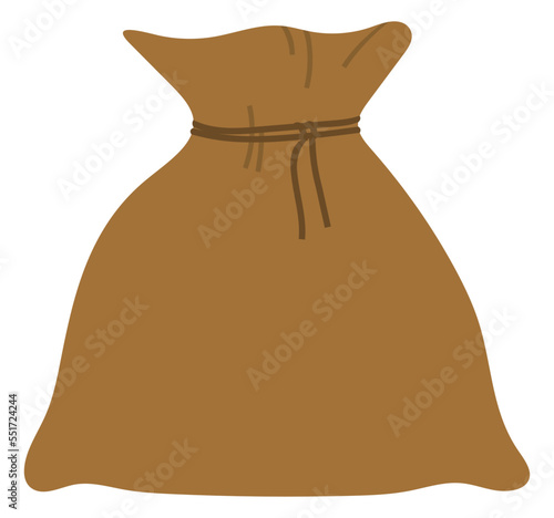 Full sack with rope, element of harvest festival in Europe. Brown flax bag with product, agricultural logo, farming object, fair or fest sign, burlap vector