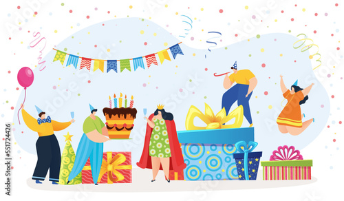 Cheerful people character together celebrate birthday girl party, male hold birth cake flat vector illustration, isolated on white.