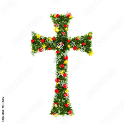 Beautiful Christmas Graphic Element with christmas wreath material in the shape of cross, with red orbs and snowflakes and shiny stars on transparent background (RGBA 3D Rendering PNG)