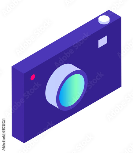 Device for taking photos, filming camera vector. Isolated icon of digital photocamera with lens. Button on item, modern gadgets for professionals used at photoshoot. Illustration in isometric 3d style