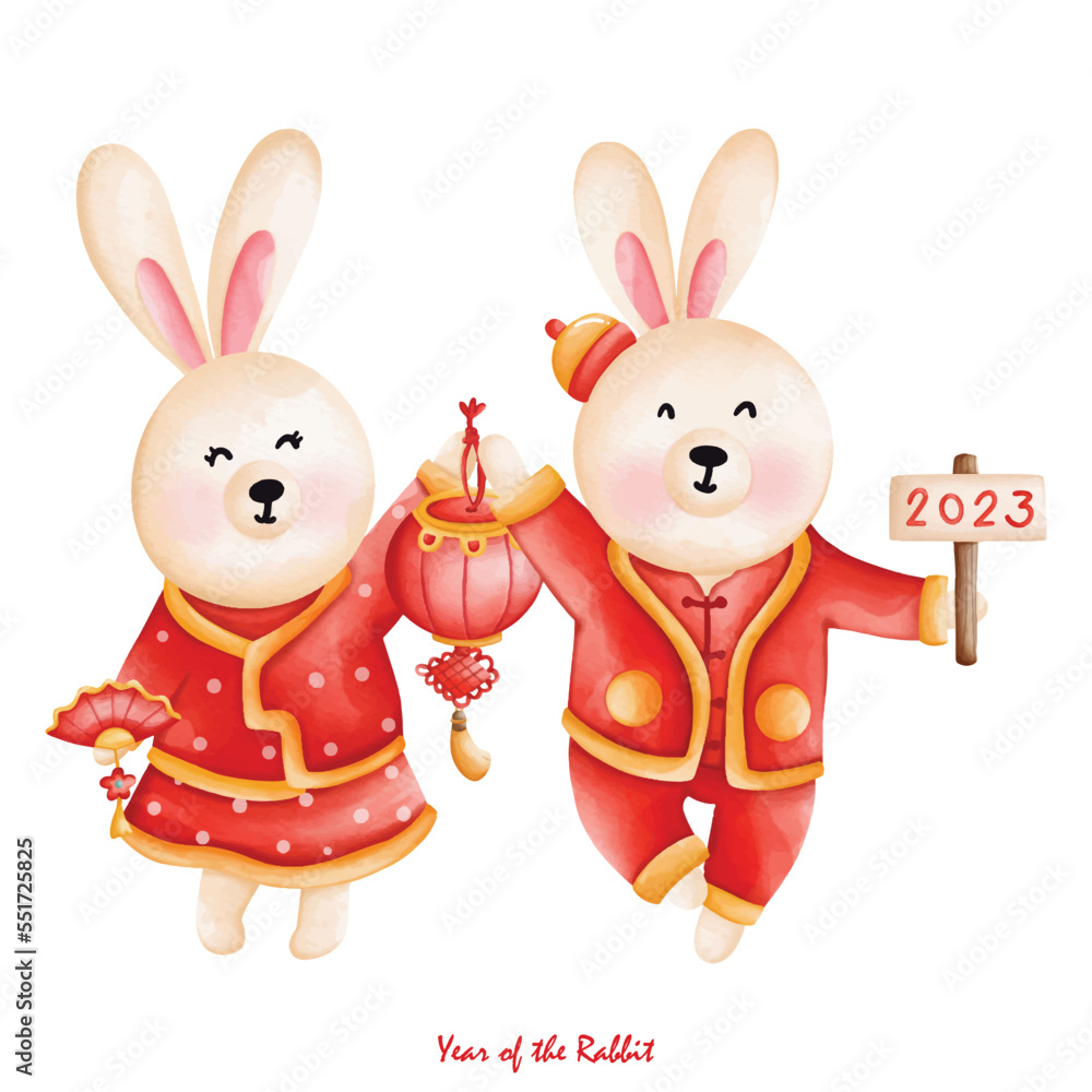 Obraz premium Cute bunny in Chinese traditional costume and Decoration, Cheongsam dress, the year of rabbit