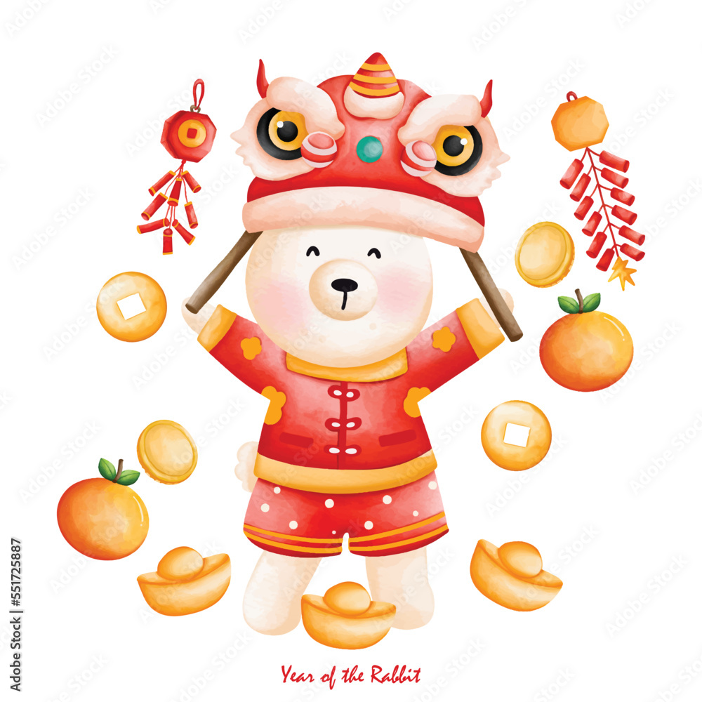 Naklejka premium Cute bunny in Chinese traditional costume and Decoration, Cheongsam dress, the year of rabbit