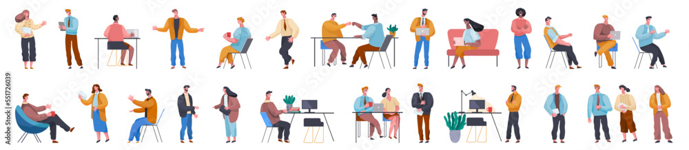 Set of businessman character poses, gestures and actions. Office worker professional standing, working. Meeting planning, success, work process, coffee break. Human personages in workflow process