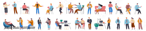 Set of businessman character poses, gestures and actions. Office worker professional standing, working. Meeting planning, success, work process, coffee break. Human personages in workflow process