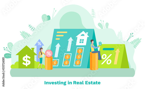 Investing in real estate, man and woman selling, percent and rising arrow icons, savings for buying house, mortgage and construction, invest vector