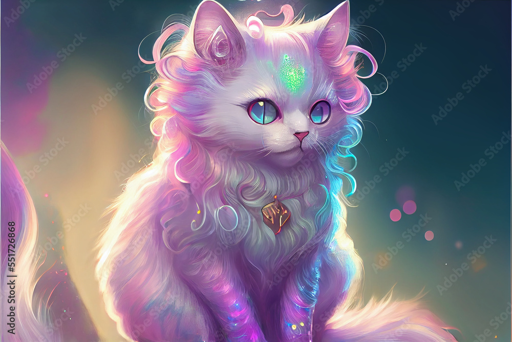 Neon rainbow anime kawaii cat Stock Illustration