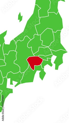 [縦動画] 山梨県の位置がズームアップになって赤く表示されます。背景は白です。
