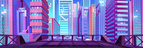Rooftop terrace with view of city buildings and skyscrapers. Empty roof or balcony above city street with background of downtown landscape, vector cartoon illustration