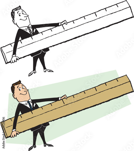 A vintage retro cartoon of a businessman holding a giant oversized ruler. 