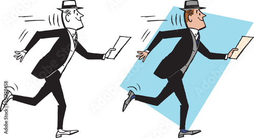 A vintage retro cartoon of a businessman rushing to work. 