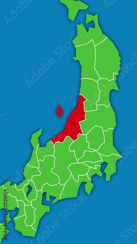 [縦動画] 新潟県の位置がズームアップになって赤く表示されます。背景は海です。