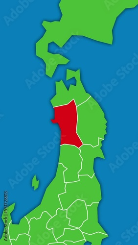 [縦動画] 秋田県の位置がズームアップになって赤く表示されます。背景は海です。