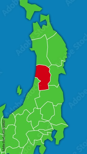 [縦動画] 山形県の位置がズームアップになって赤く表示されます。背景は海です。