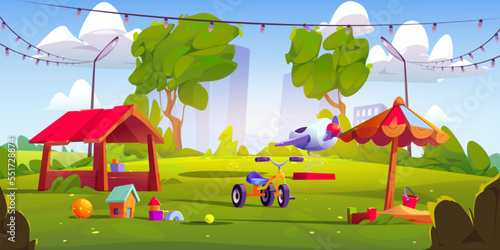 Playground for kids in summer park against cityscape silhouettes background. Cartoon vector illustration of public garden area for children with toys, sandbox, tricycle and colorful garland decoration