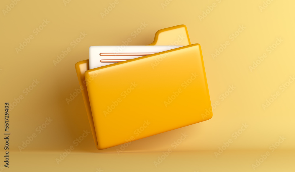 Yellow folder with files cartoon style minimal, 3d rendering illustration