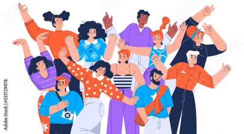 Young people crowd, group of friends, students community or team. Diverse stylish characters, happy men and women in different poses isolated on white background, vector hand drawn illustration