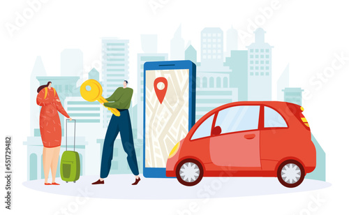 Online car sharing smartphone application, tiny character hold vehicle key, woman with baggage flat vector illustration, isolated on white.