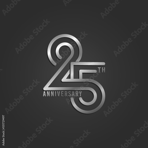 Anniversary 25th. The silver number is on black background. Vector illustration.
