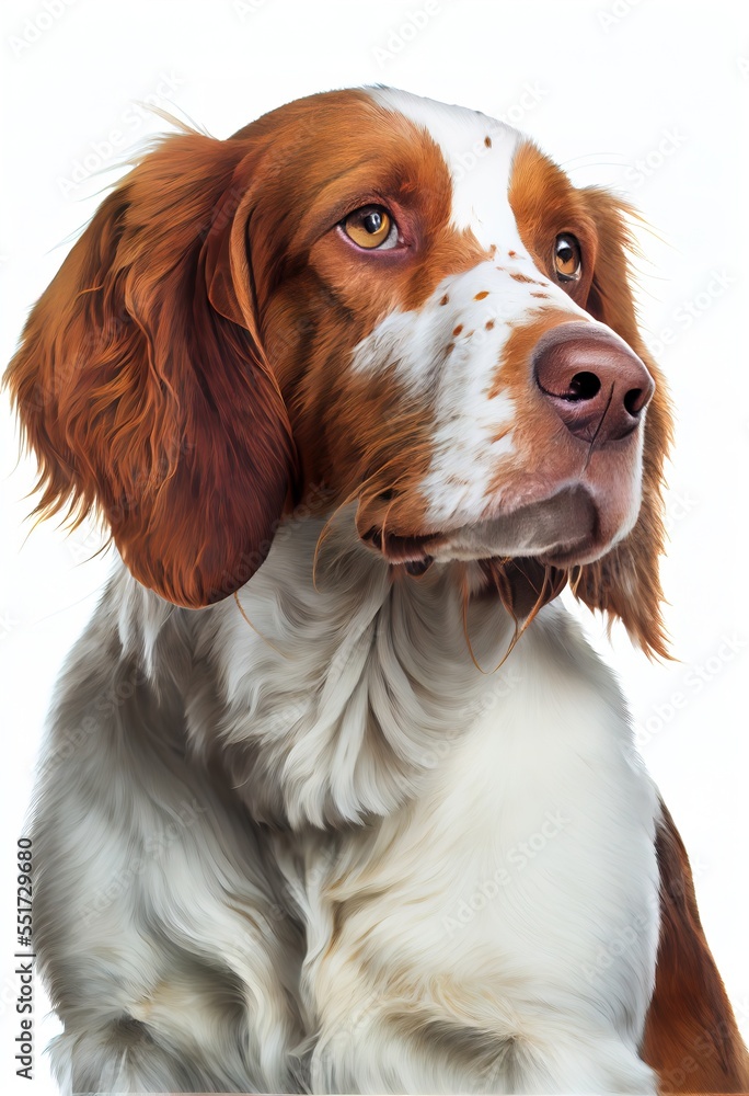 a dog with a white and brown face and brown ears and a white background ...