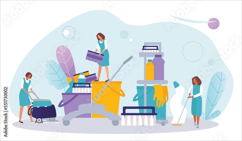 People tiny character together cleaning service, woman hold industrial vacuum cleaner flat vector illustration, isolated on white.