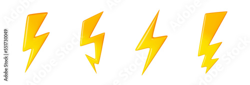 Thunderbolt icons. Yellow signs of energy, electric power, battery charge, speed, storm, shock with lightning symbols isolated on white background, 3d render illustration