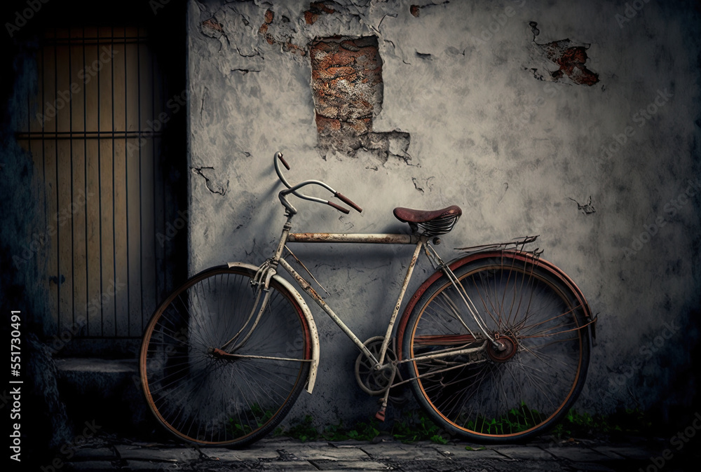an aged bicycle placed close to a concrete wall. Generative AI