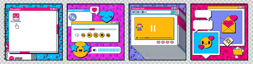 Retro desktop computer interface with windows, folders, music player and smiling icons. Social media posts template in y2k style with old pc screen elements, vector cartoon set