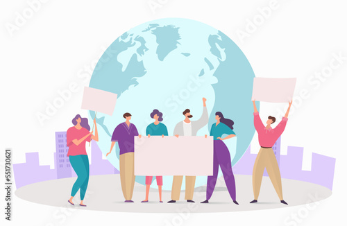 Group of people character hold empty banner, protest demonstration ecology environment protect flat vector illustration, isolated on white.