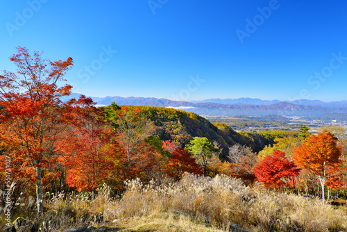 横谷渓谷の紅葉と日本アルプスの山並 横谷観音駐車場から 長野県