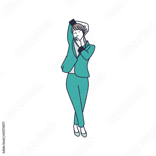 不思議なポーズで考えるスーツ姿の女性のイラスト素材｜mayucolor08