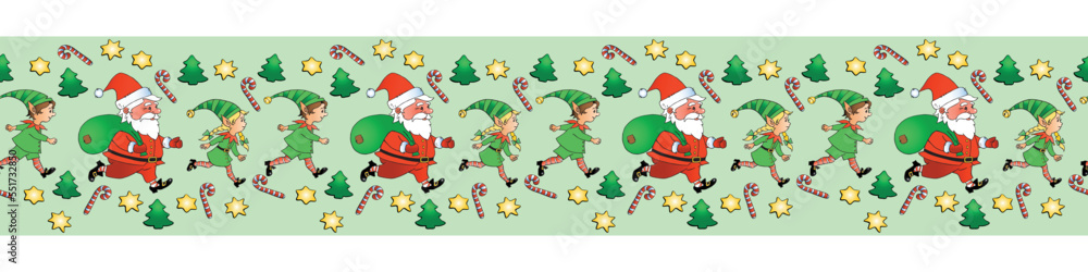 Edging, ribbon, border of Santa Claus and Cute little Christmas Elves. Vector seamless pattern, ornament, decorative element, decoration for New Year, xmas design Edging, ribbon, border of Santa Claus and Cute little Christmas Elves. Vector seamless pattern, ornament, decorative element, decoration for New Year, xmas design