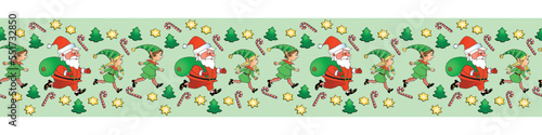 Edging  ribbon  border of Santa Claus and Cute little Christmas Elves. Vector seamless pattern  ornament  decorative element  decoration for New Year  xmas design