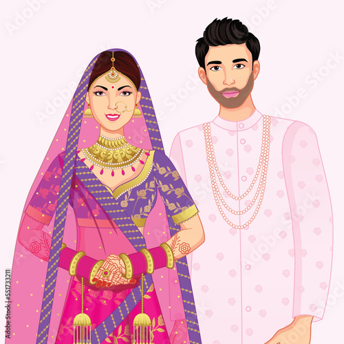 Indian Wedding Couple Standing wearing Sherwani and lehenga