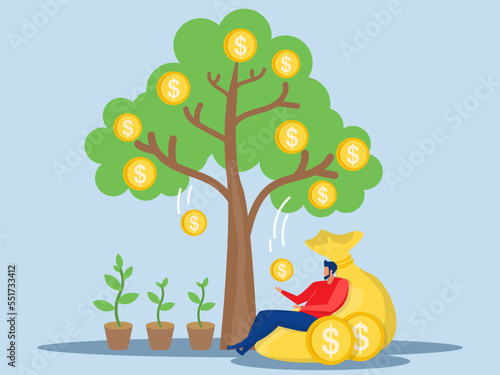 a man relaxes waiting for the money to enter his dollar bag, growing tree with coins and money, profit, financial management, investment, successful flat illustrator vector