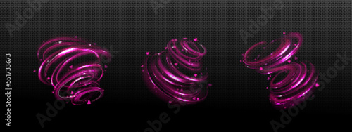 Pink steam swirls with hearts. Concept of love, Valentine day, romance. Abstract air spiral flow effects with sparkles and hearts isolated on transparent background, vector realistic set