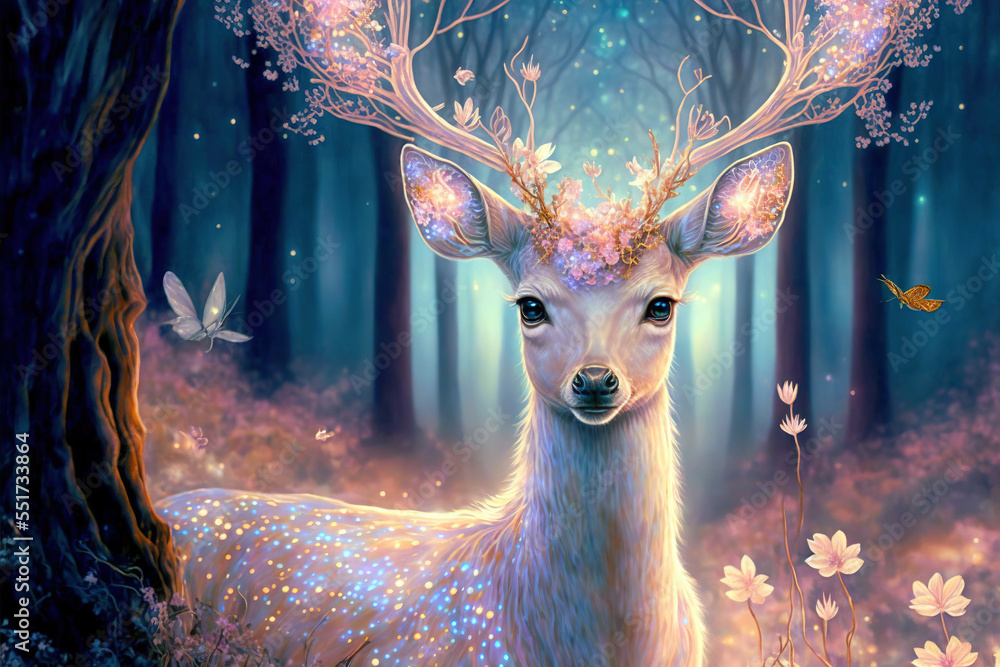 Stockillustratie Magic deer in fairy forest. Spirit of the forest