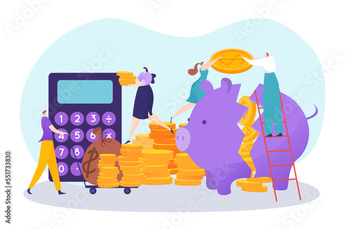 Group of business people financial crisis, tiny character hold cart with golden dollar cash coin flat vector illustration, isolated on white.