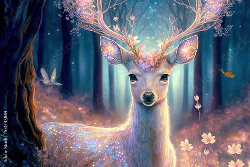 Magic deer in fairy forest. Spirit of the forest. Digital art