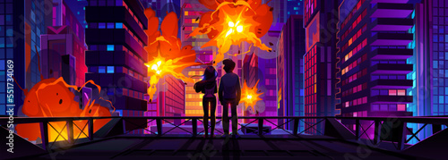 Silhouettes of couple watching explosions in city. Rooftop view of night cityscape with modern skyscrapers damaged by blasts, fire. War, enemy attack destroying buildings. Vector cartoon illustration