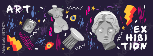 Abstract art exhibition banner in retro futuristic modern style. Antique sculpture and statue, eyes, surreal shapes and cyberpunk elements. Trendy psychedelic invitation flyer, Vector illustration