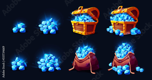 Treasure chest and bag with gem stones game icons. Wooden trunk or sack with blue crystals. Trophy growth, level reward, pirate loot, fantasy assets, gui elements, Cartoon vector illustration, set
