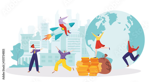 Global earth planet, tiny business people together successful startup company gold stack money coin flat vector illustration, isolated on white.
