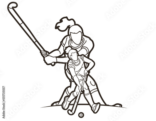Field Hockey Sport Team Female Players Action Together Cartoon Graphic Vector